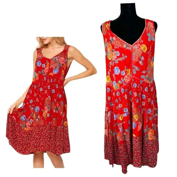 Bila Women's Red Floral Caroline Gauzy Flowy Tiered Cottage Dress Size Medium - Picture 1 of 7